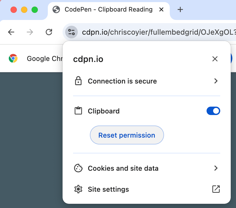 Chrome controls panel for a website showing secure connection, and also the Clipboard access which can be turned off or reset. 